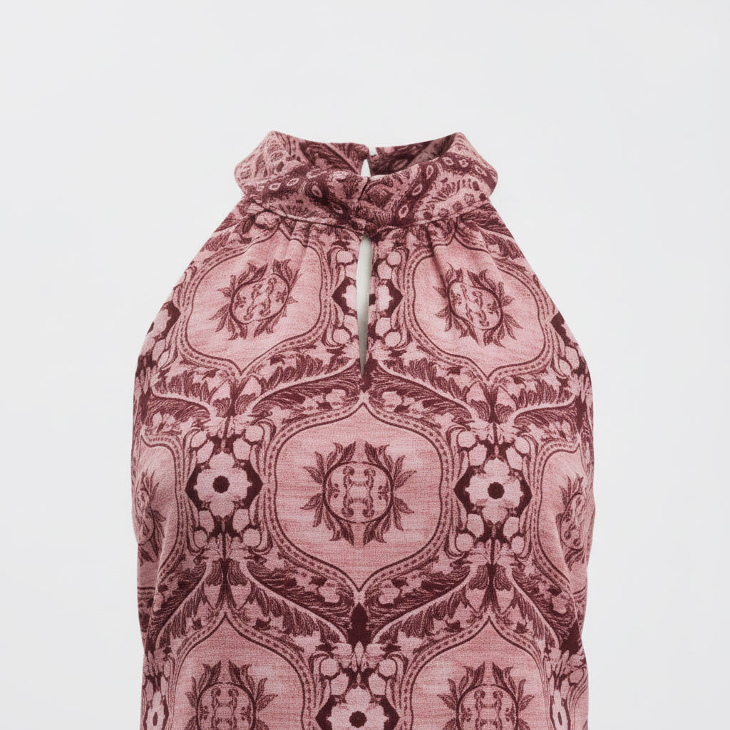 Pink Geometric Halter Neck Dress - Modest Midi Dress for Women | Sizes S, M, L, XL | MH