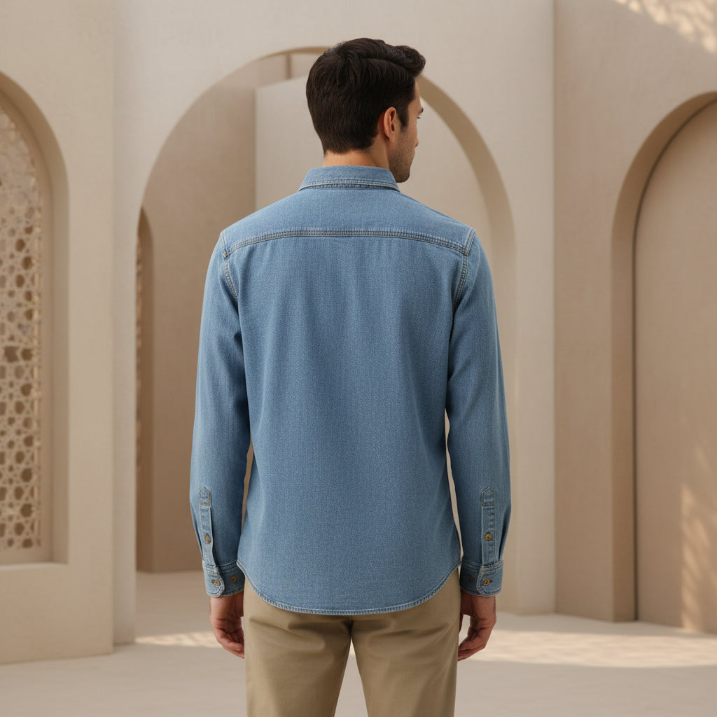 Men’s Blue Denim Button-Up Shirt Long Sleeve Relaxed Fit | Sizes S-XL | MH