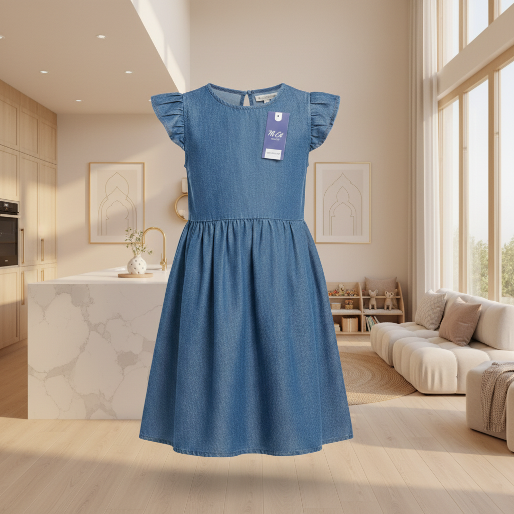 Girls Soft Denim Knee-Length Dress – Lightweight Flutter Sleeve Summer Outfit | Sizes (1-6Years) MH