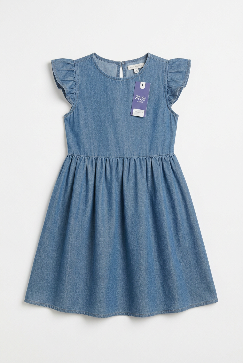 Girls Soft Denim Knee-Length Dress – Lightweight Flutter Sleeve Summer Outfit | Sizes (1-6Years) MH