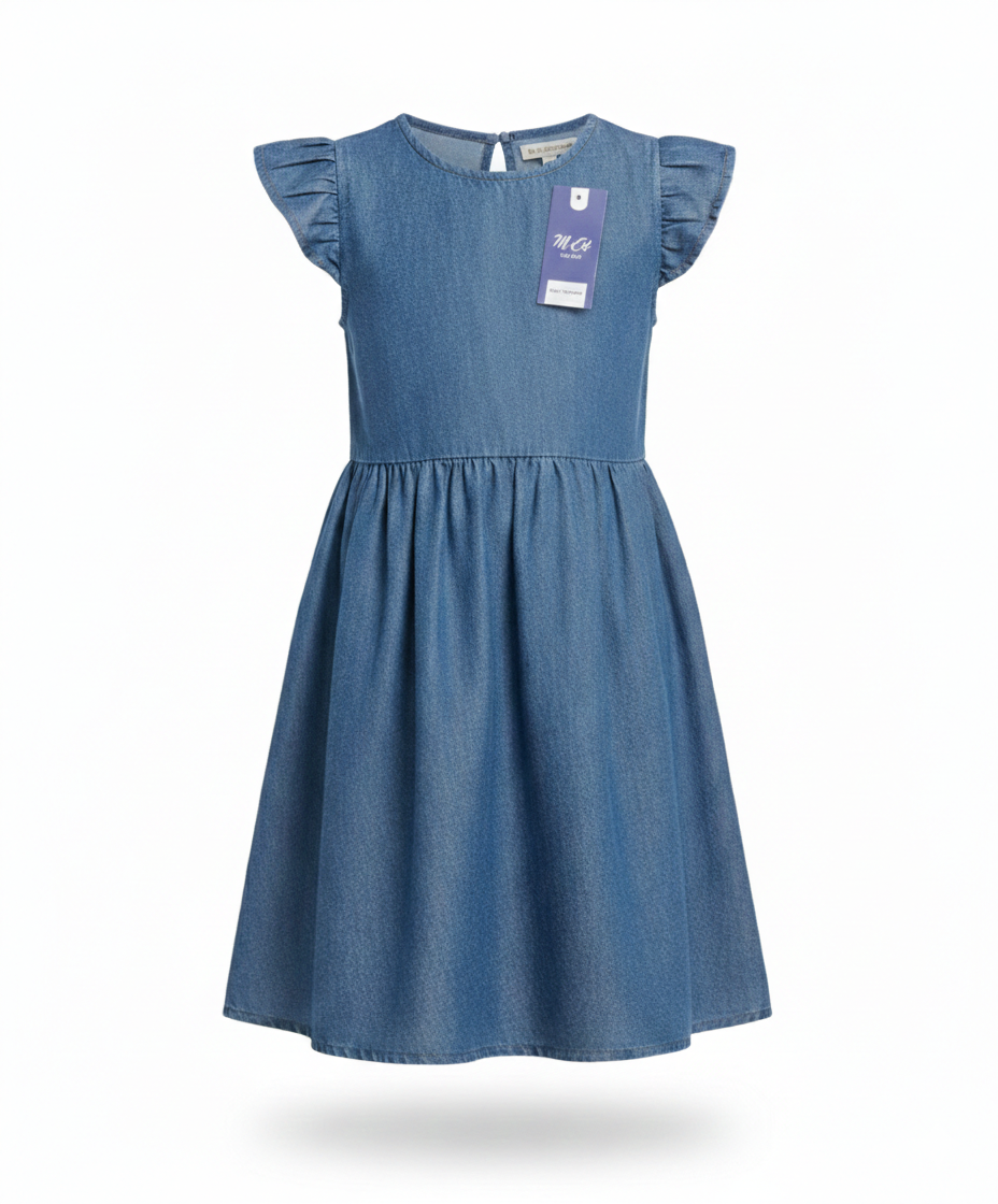 Girls Soft Denim Knee-Length Dress – Lightweight Flutter Sleeve Summer Outfit | MH