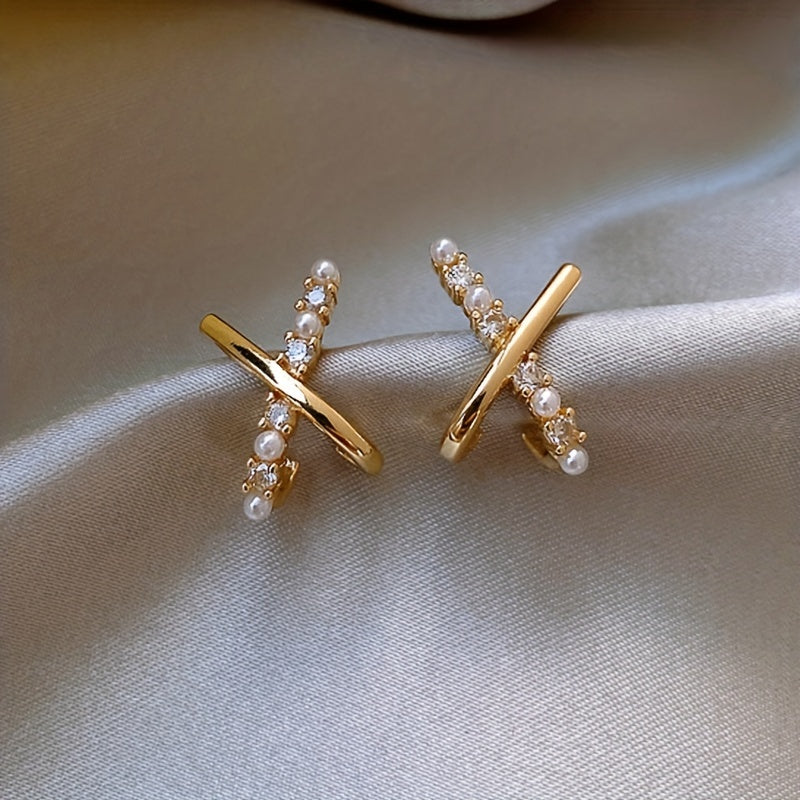Tiny Delicate X Design Stud Earrings Zinc Alloy Jewelry Embellished With Imitation Pearl Elegant Simple Style For Women Daily Casual