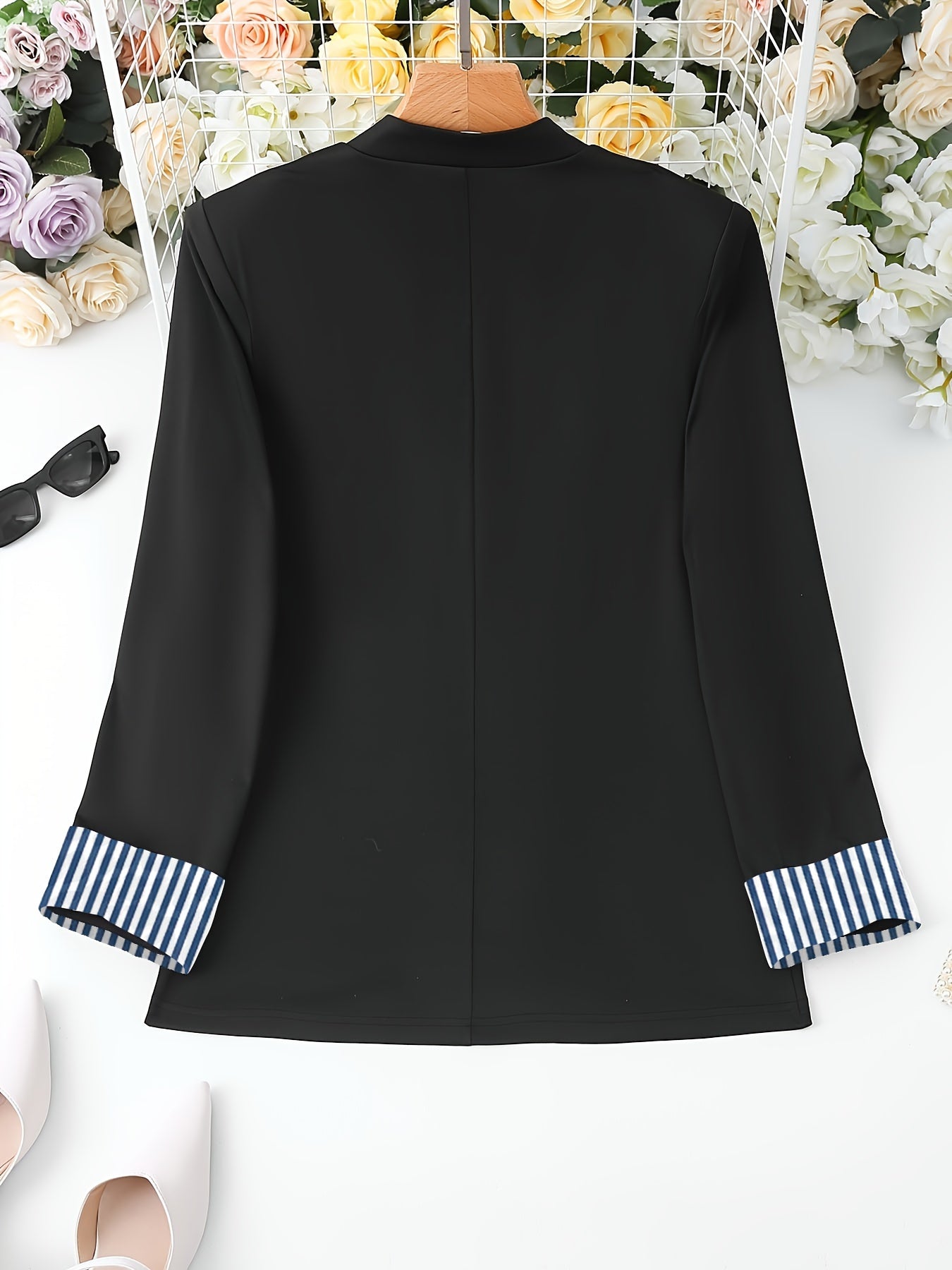 Striped Print Contrast Trim Blazer, Elegant Double Breasted Long Sleeve.