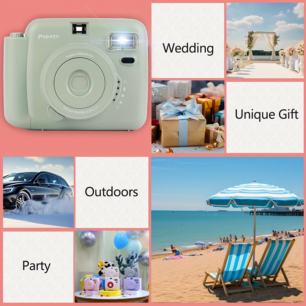 Popoto Instant Camera Gift Set with PU Case - Flash-Enabled, Battery-Free Photography Kit for Outdoor Parties (Camera & Accessories Included, No Batteries or Film)