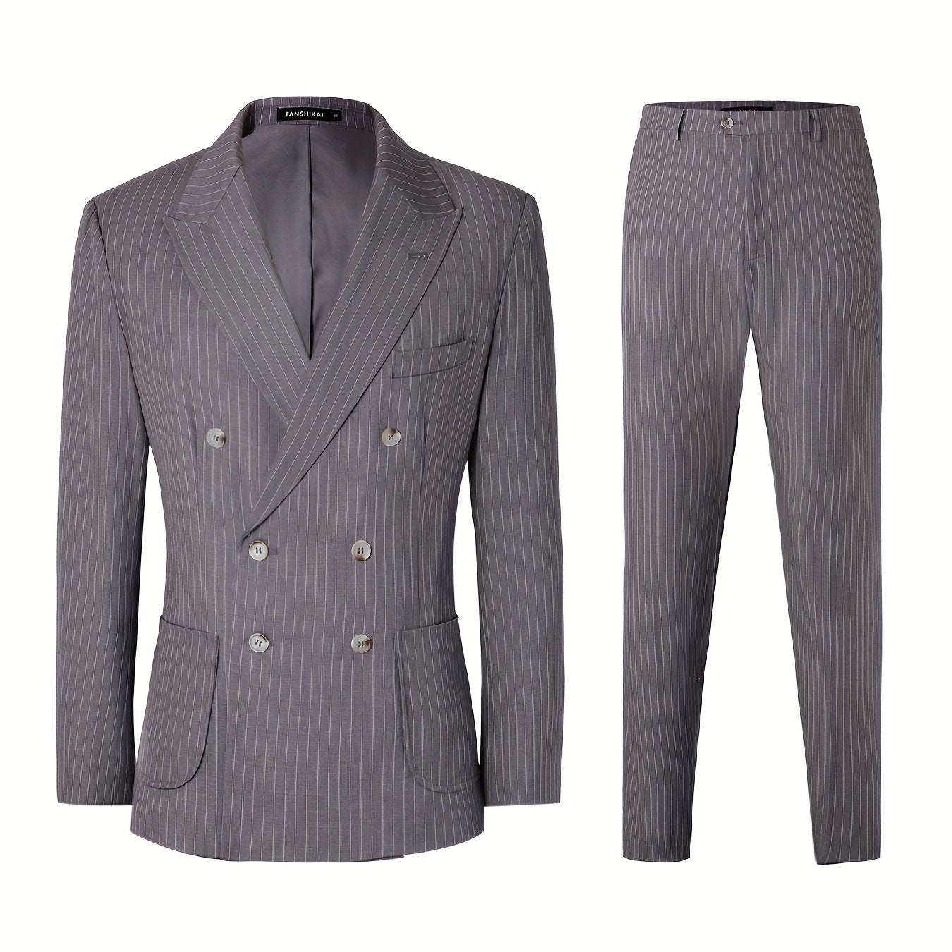 2-Piece Men's Light Business Style Double Breasted Striped Suit Set,
