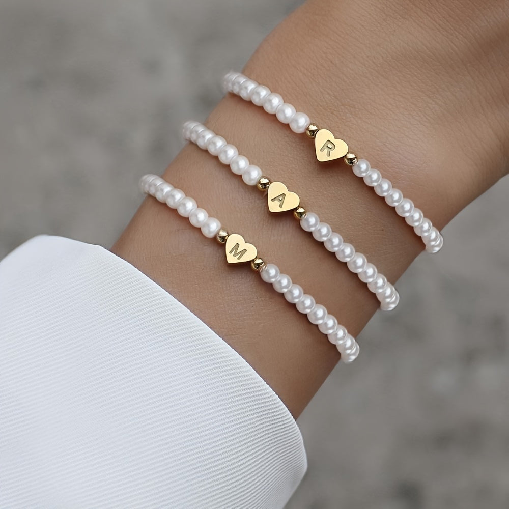 1pc Classic Initial A-Z Lettering Heart Faux Pearl Beaded Bracelet, Elegant Party Jewelry Birthday Gift For Teen Girls