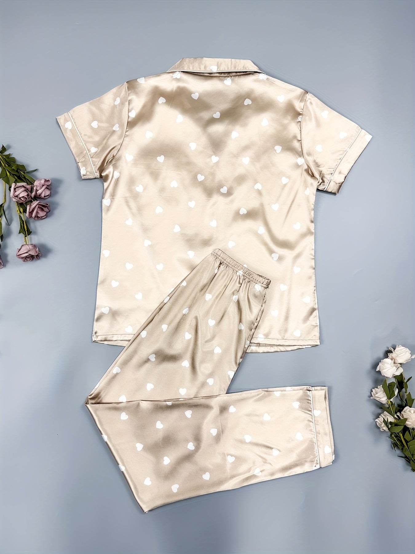 Heart Print Pajama Set, Short Sleeve Buttons Top & Elastic Waistband Pants,