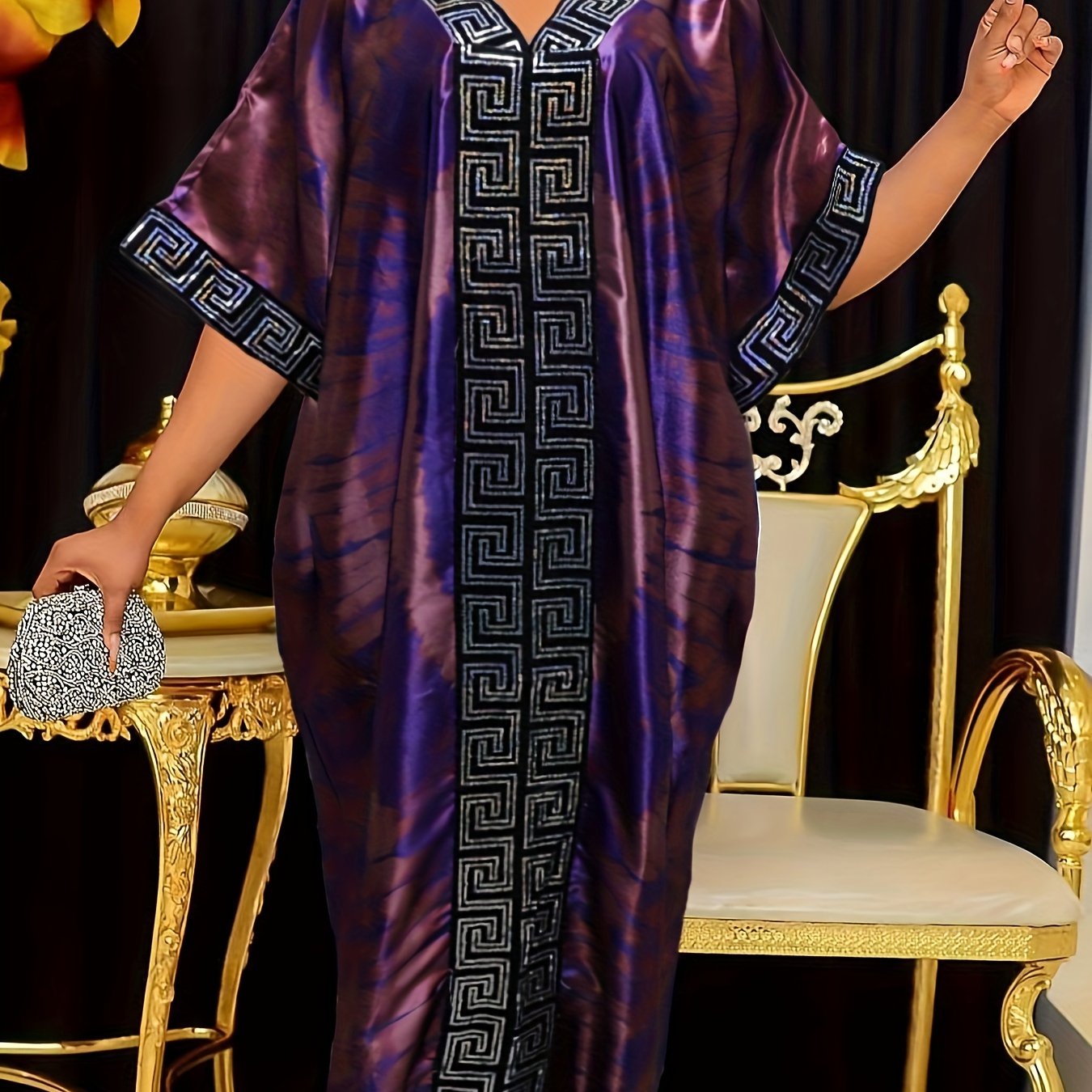 Abstract Print Greek Pattern Kaftan Dress, Elegant Half Sleeve'/MH