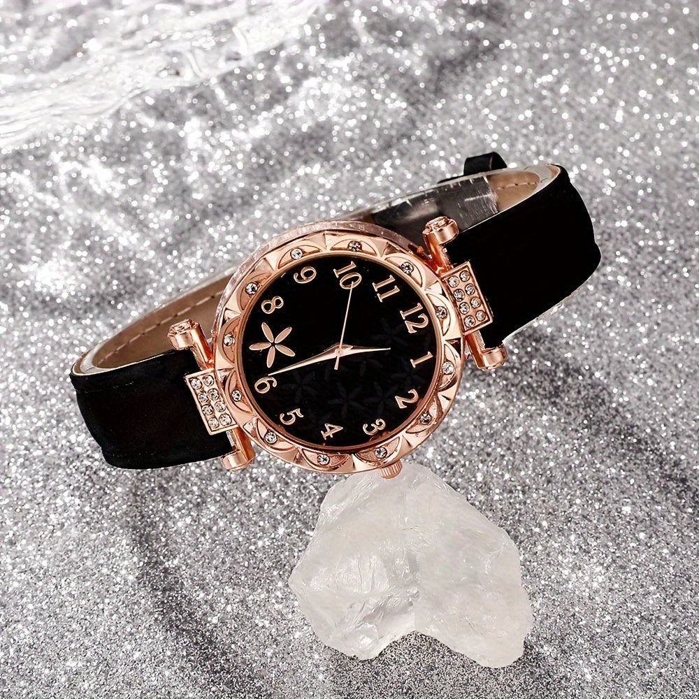 6pcs/set Elegant Flower Rhinestone Quartz Watch Analog PU Leather Wrist Watch & Bracelets, Valentine's Day Ramadan Gifts For Women Her