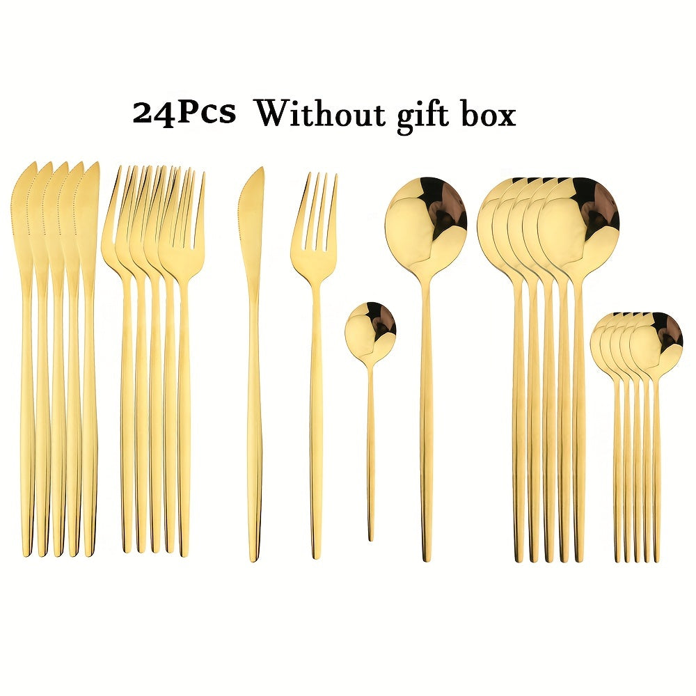24-Piece Luxury Black Handle Golden Cutlery Set - High-Quality Stainless Steel Knife, Fork, and Spoon Tableware Flatware Set for Festival, Kitchen, and Dinnerware - Ideal Gift for Friends and Family