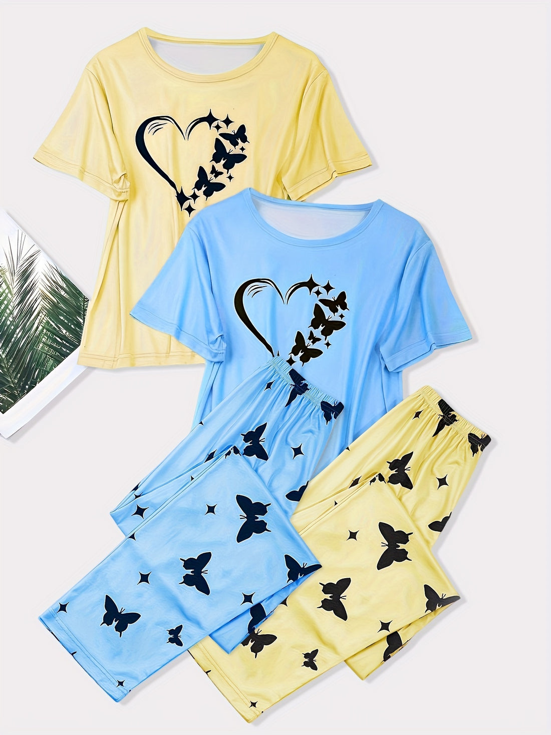 2 Sets Heart Print Pajamas Set, Short Sleeve Crew Neck Top & Butterfly Print Pants, Women's Sleepwear & Loungewear
