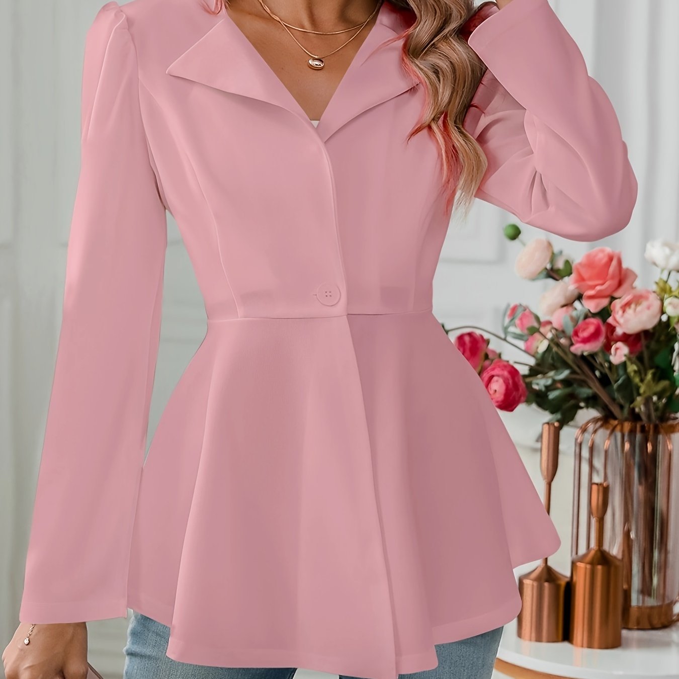 Notched Collar Flare Blazer, Elegant Long Sleeve Button Front Coat,