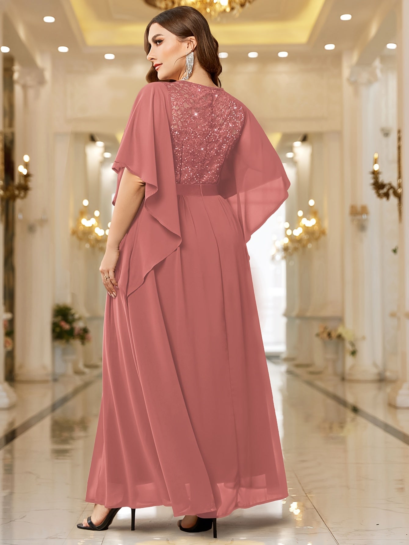 Elegant Plus Size Women's Butterfly Sleeve Sequin Lace Evening Dress .MH