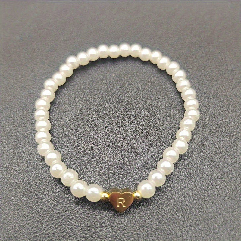 1pc Classic Initial A-Z Lettering Heart Faux Pearl Beaded Bracelet, Elegant Party Jewelry Birthday Gift For Teen Girls