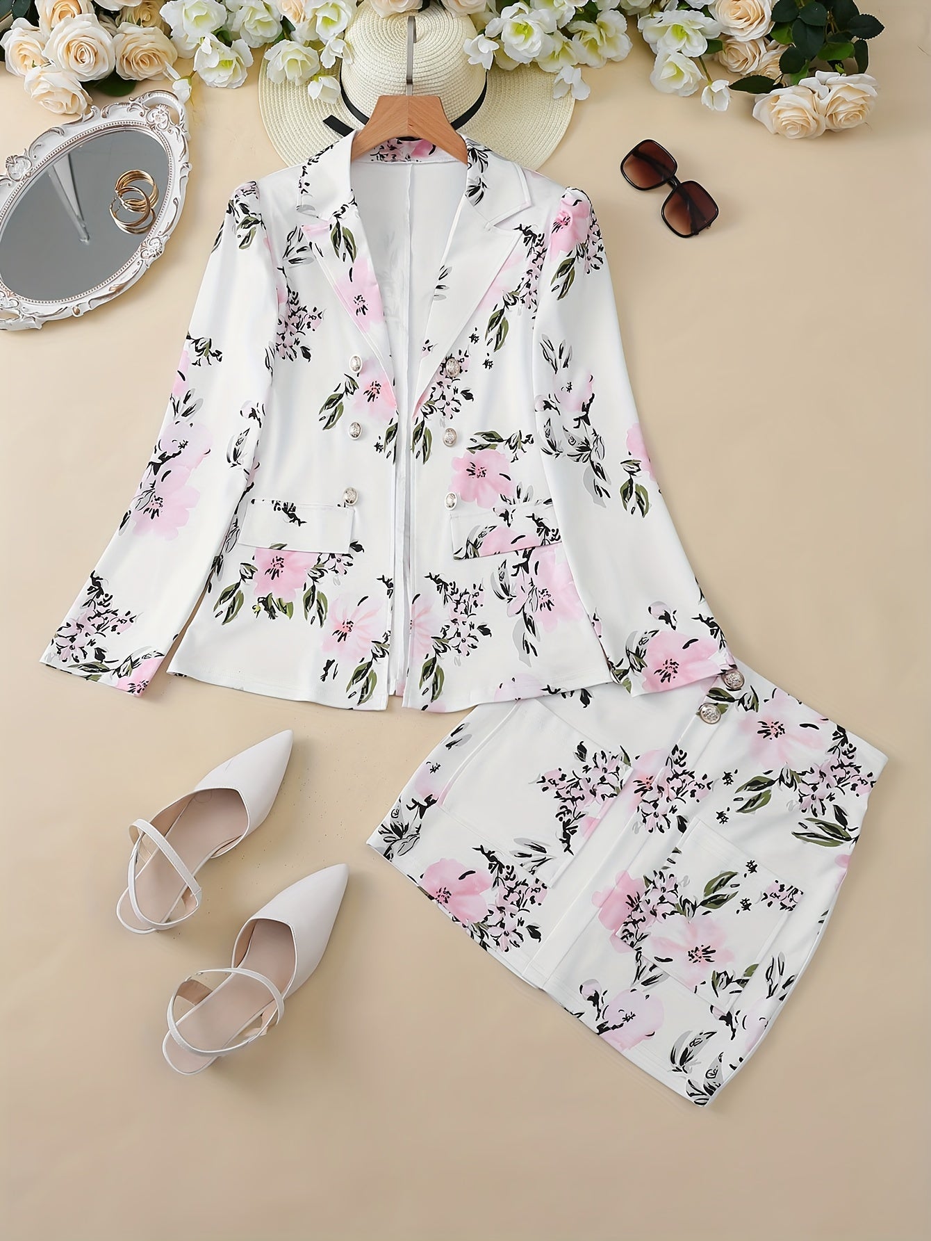 Two-Piece Floral Print Suit Set - Elegant Double Breasted Blazer.