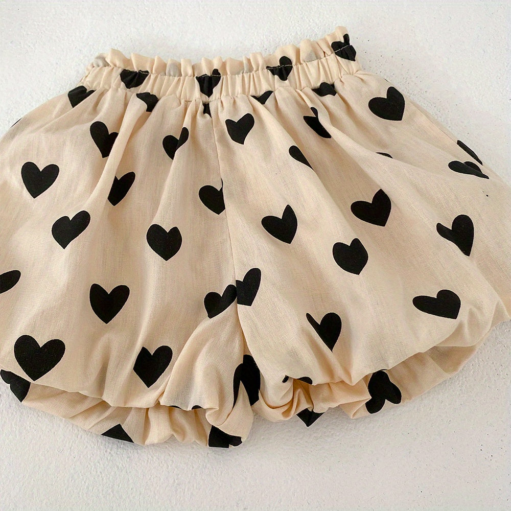 Baby Cotton Sleeveless Bowknot Decor Cami Top+Apricot Love Print Shorts 2pcs Set For Toddler Girls