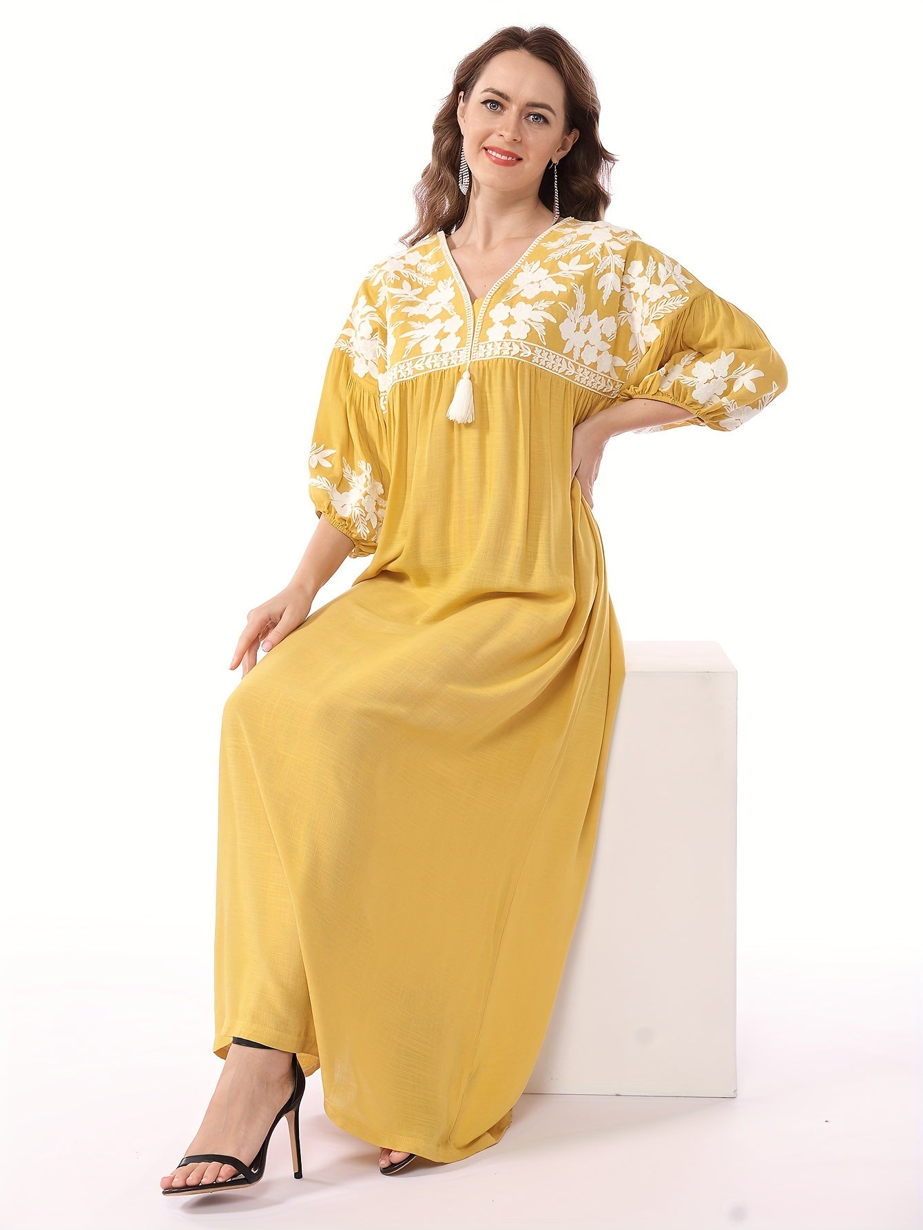 Themed Green Dress with White Floral Embroidery - ./MH