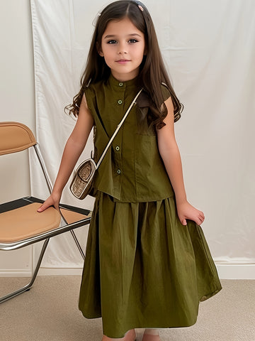 2pcs, Solid Color Sleeveless Front Button Collar Top + Pleated Skirt Set For Girls,