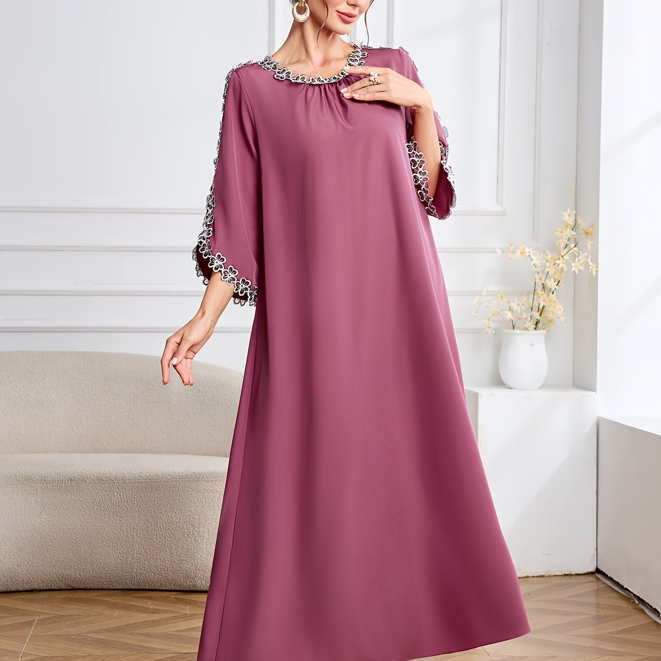 Elegant Long Sleeve Embroidered Kaftan Dress - Round Neck, women fashion'/MH