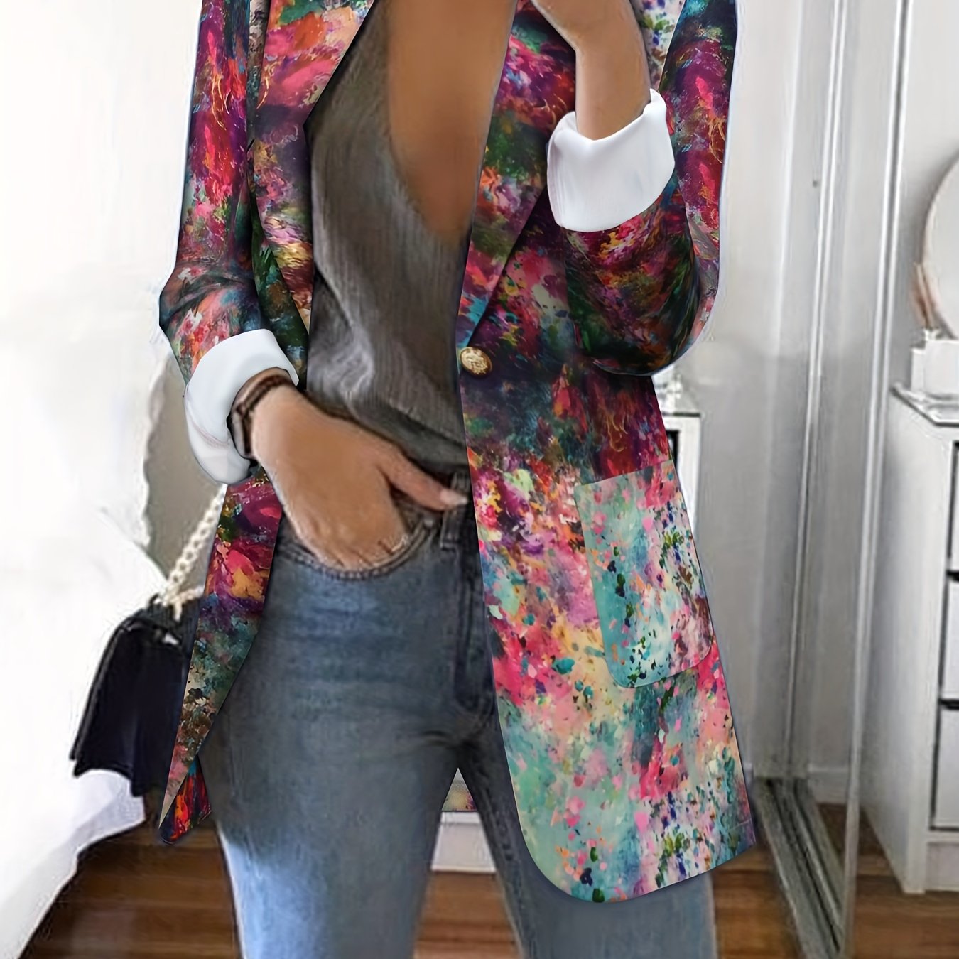 Letter Print Lapel Blazer, Casual One Button Long Sleeve Outerwear,