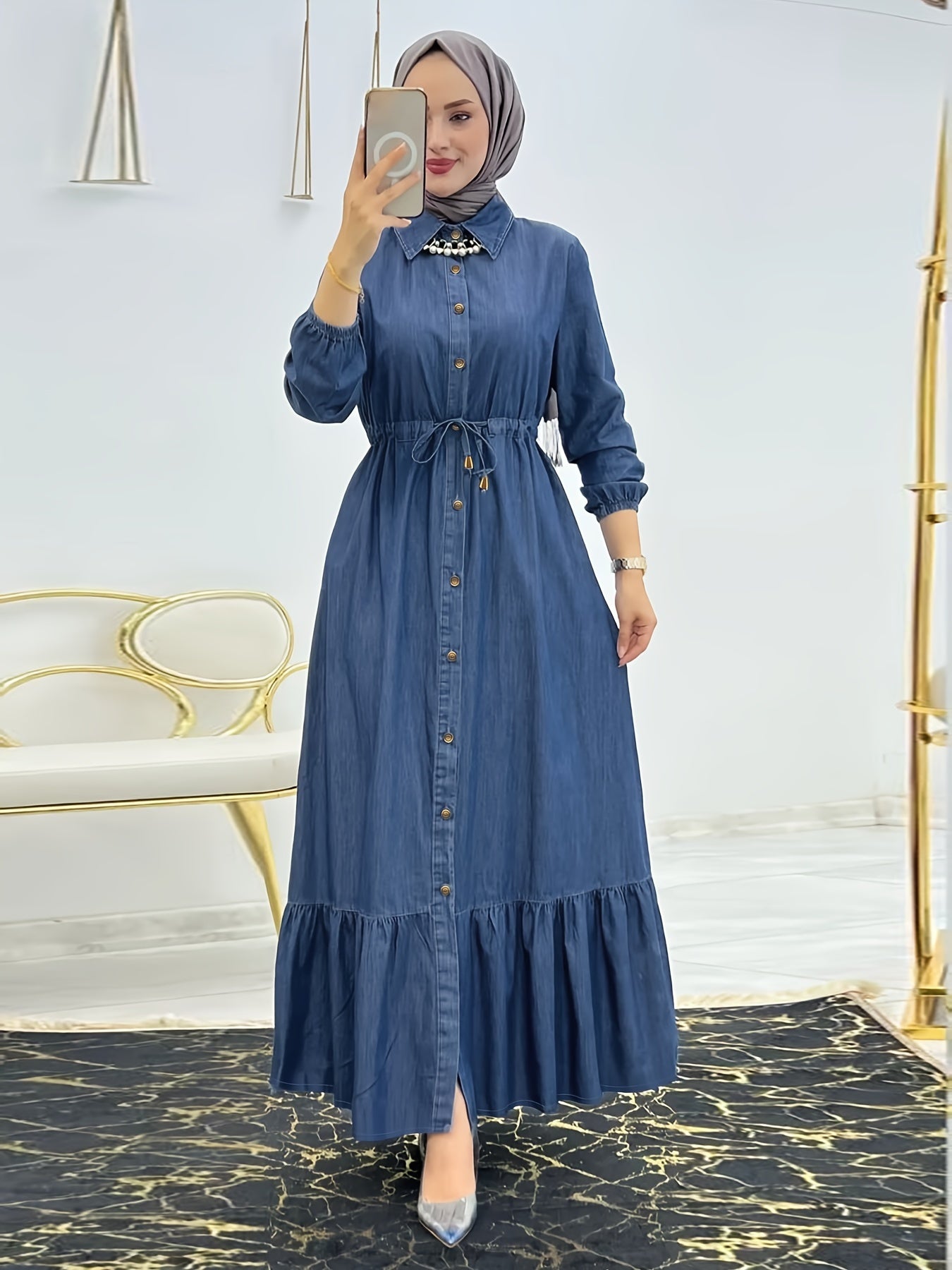 Solid Button Front Kaftan, Casual Long Sleeve Ruffle Hem Dress Without Hijab, /MH