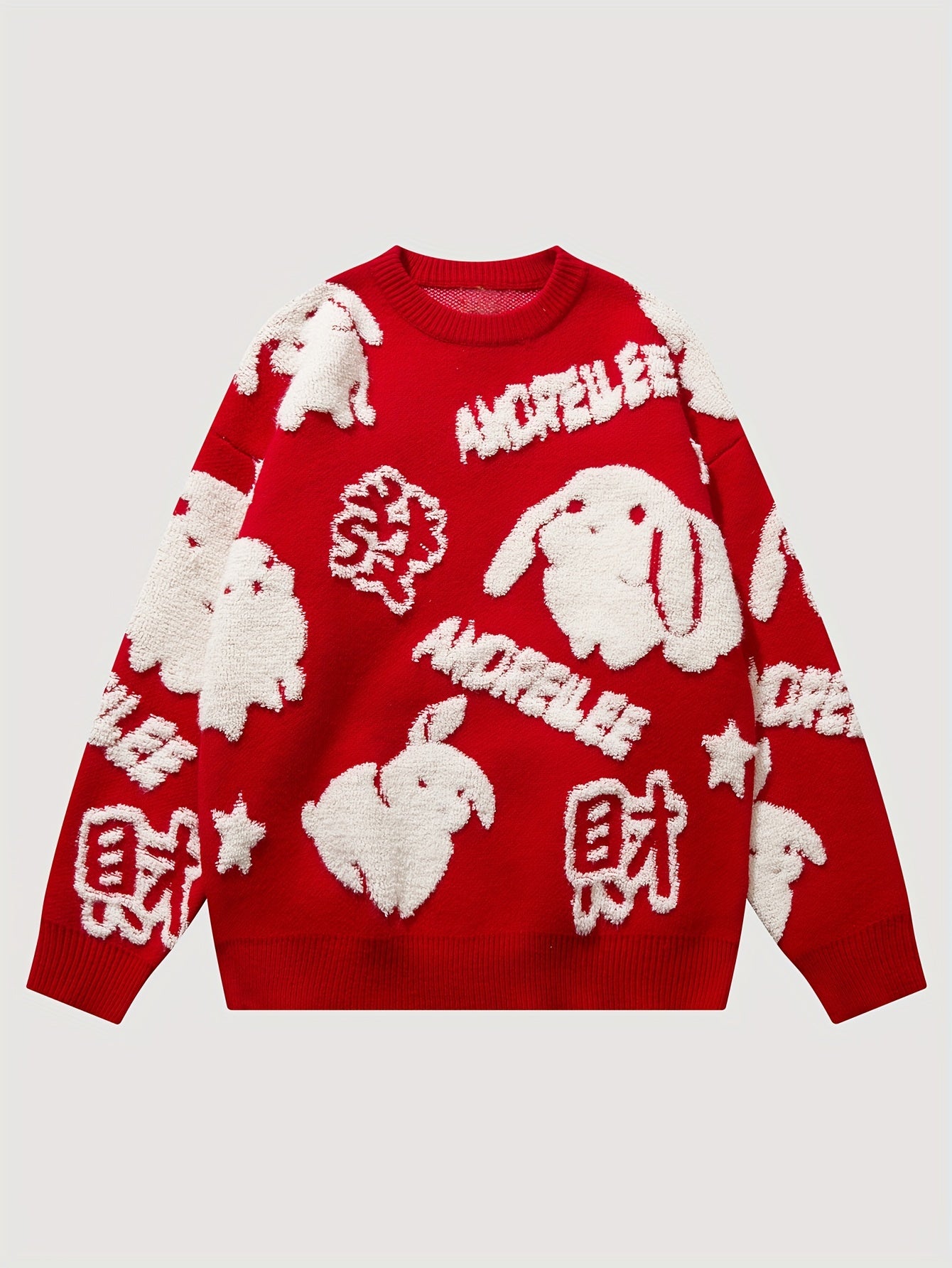 YWFG Cute Knitted Cute Rabbit & Wealth Chenille Embroidery Sweater,