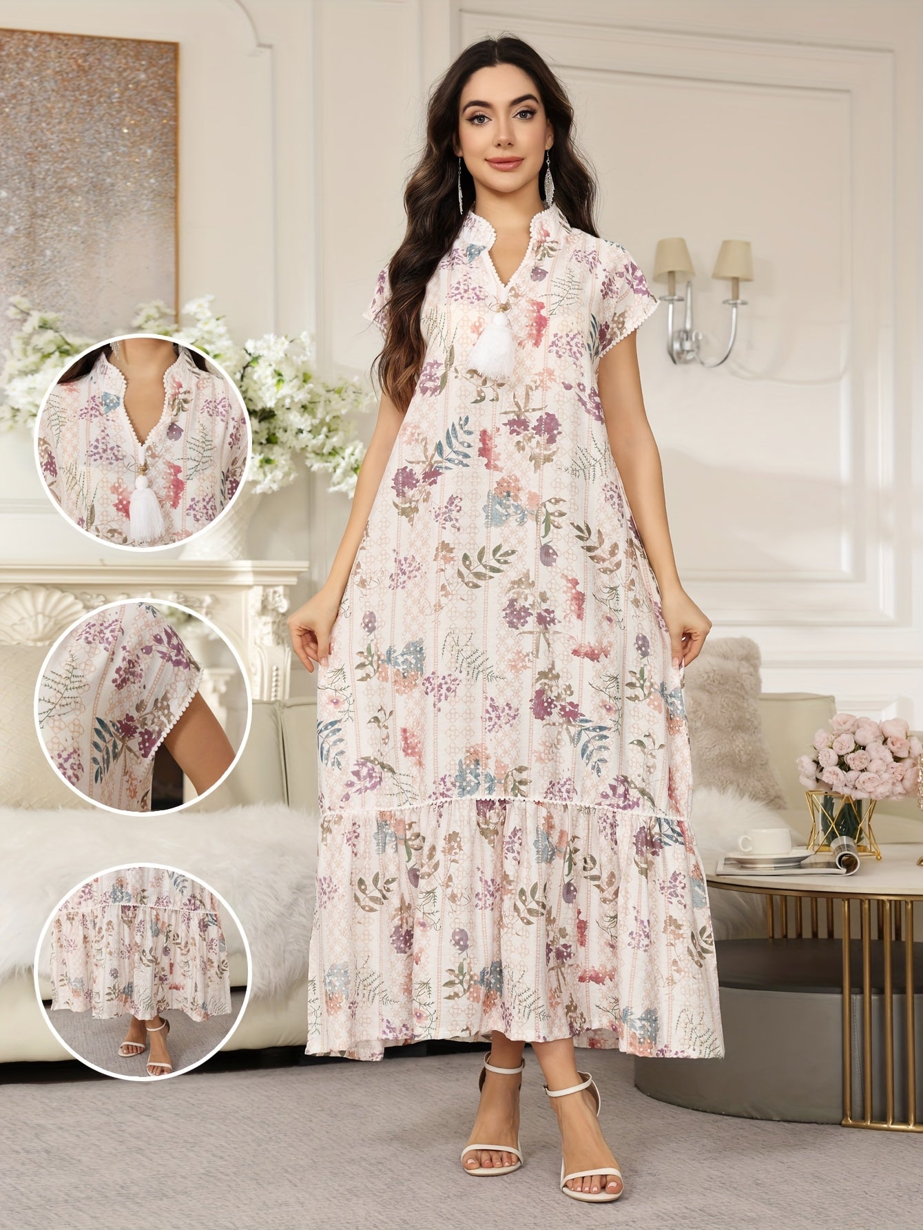 [Floral Jalabia Dress] Floral Print Elegant Jalabia Dress | V-Neck,/MH