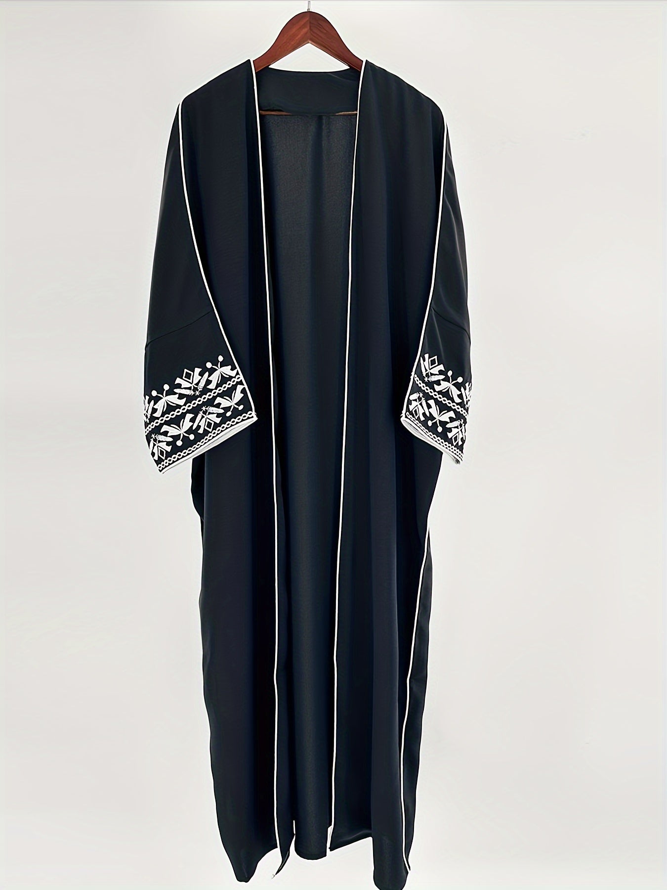 Women's New Abaya: Long, Black, Polyester, with White Floral Embroidery./MH