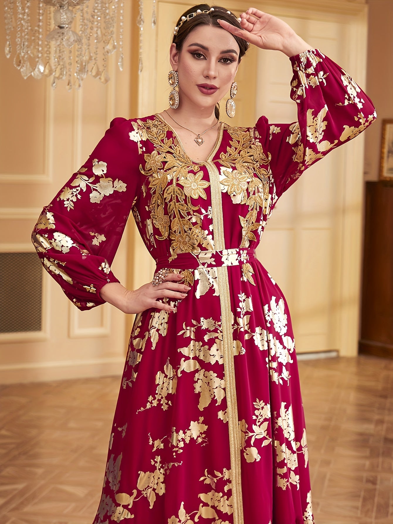 Bronzing V-neck Kaftan Dress, Elegant Long Sleeve 'MH