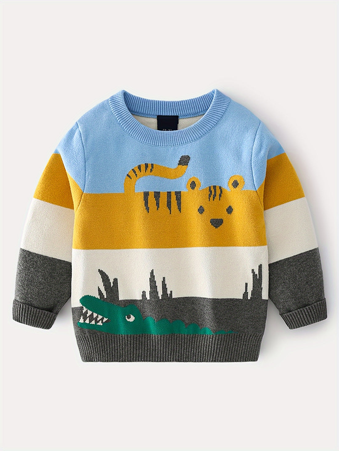 Boys Color Block Cartoon Tiger And Crocodile Pattern Sweater