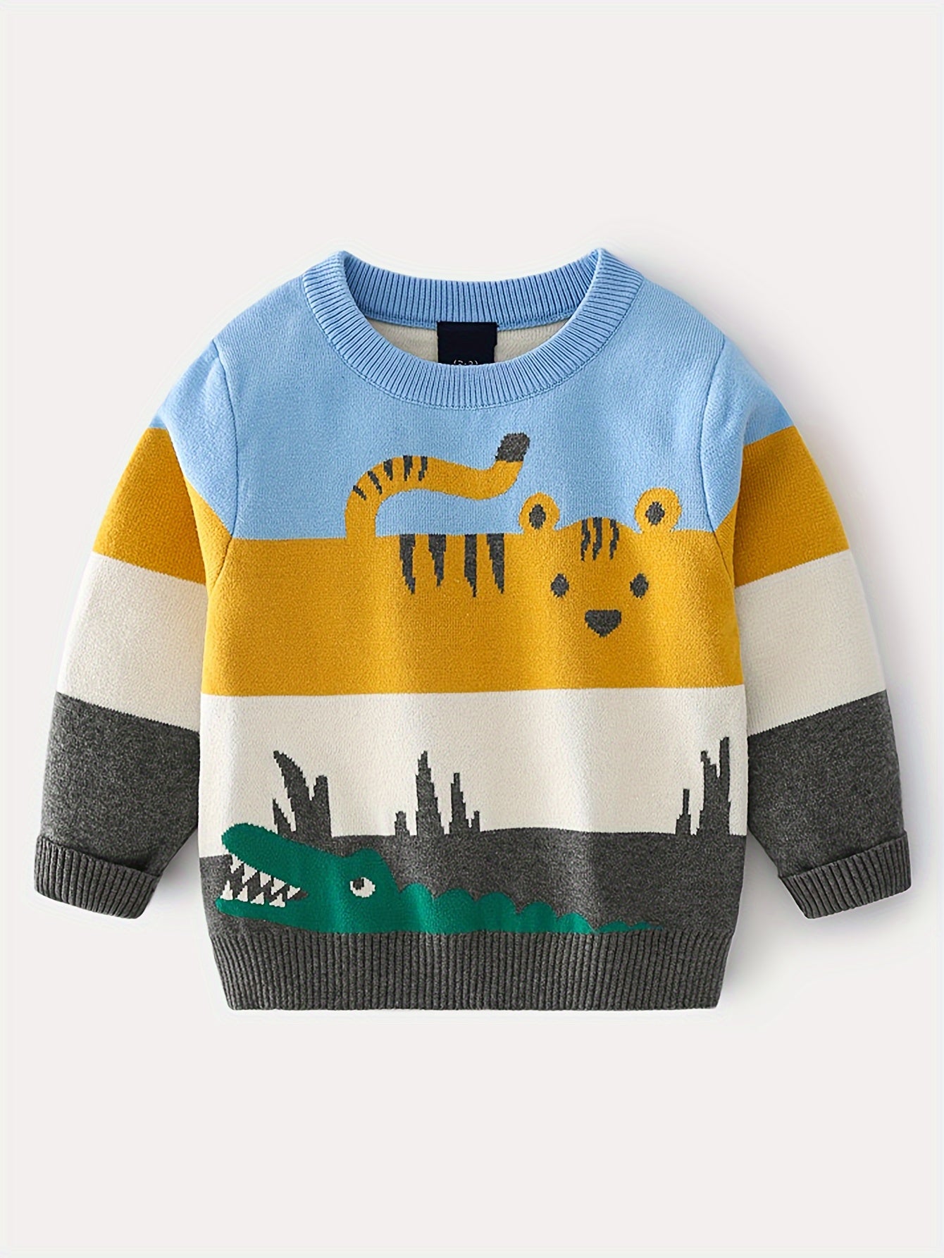 Boys Color Block Cartoon Tiger And Crocodile Pattern Sweater