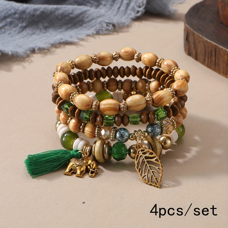 4pcs/set Tree Of Life Pendant Multilayer Beaded Bracelet Round Bead Wooden Bead Bracelet Bohemian Ethnic Jewelry Accessories Handmade -A Stylish Accessory, Father's Day Gift