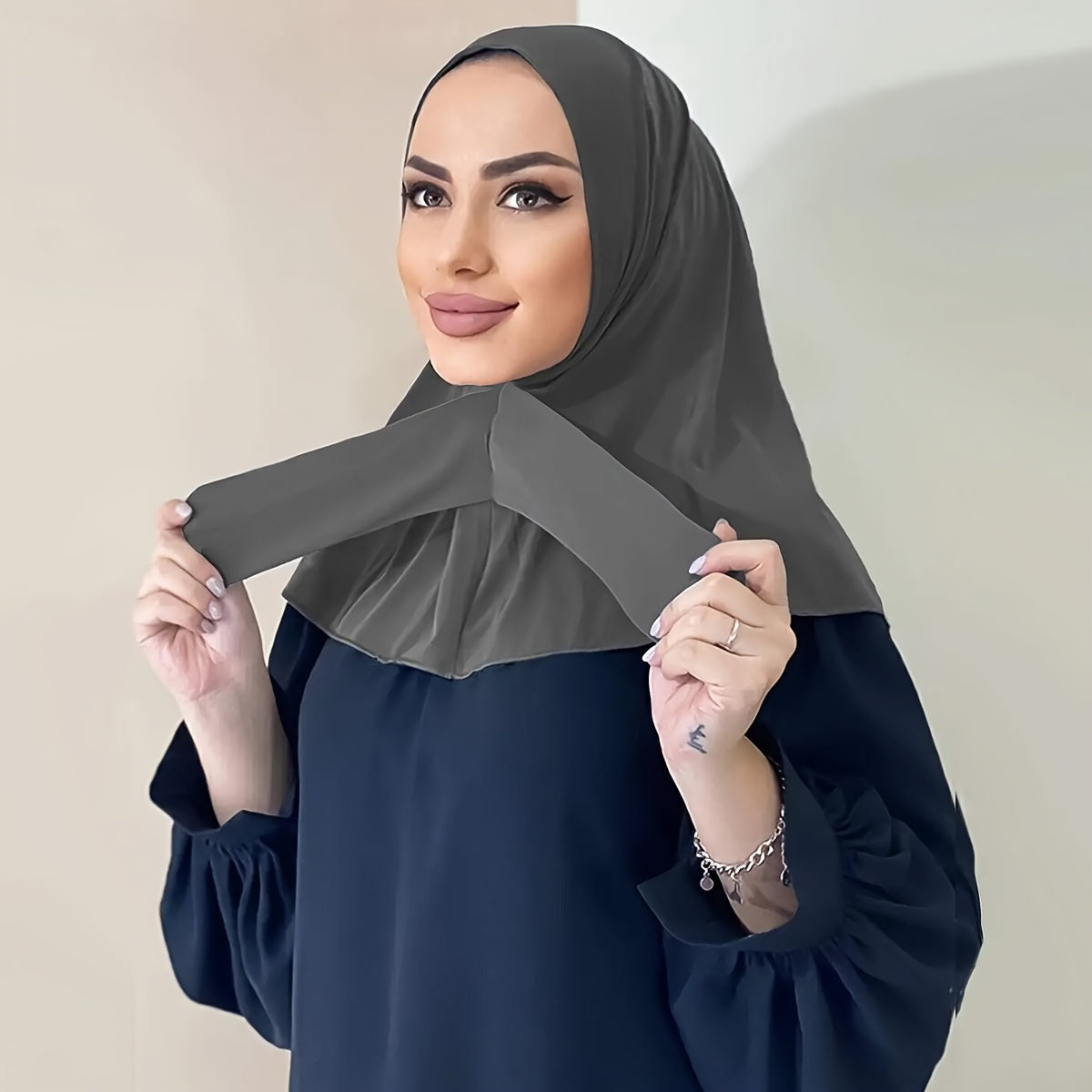Solid Color Hijab Snap Button Adjustable Headscarf Casual Elastic '/MH