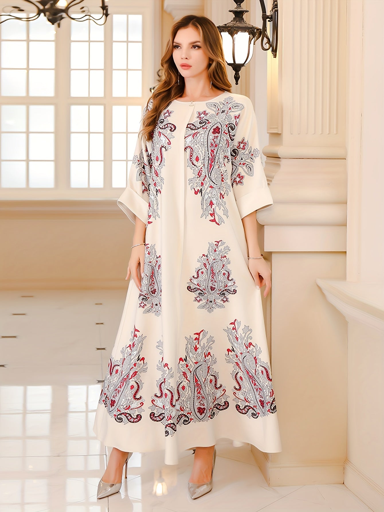Elegant Beaded Paisley Maxi Dress - Loose Fit, /MH