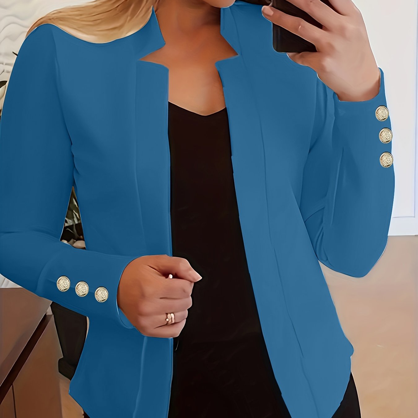 Solid Open Front Button Decor Blazer, Elegant Long Sleeve Blazer.
