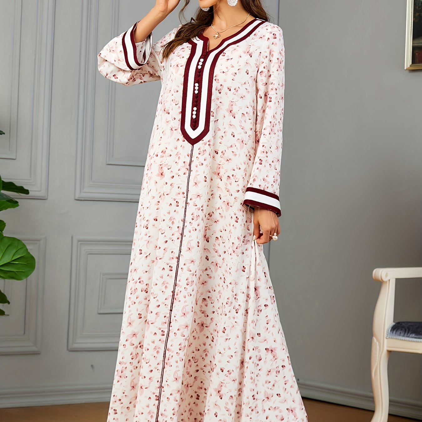 Floral Print Notch Neck Kaftan, Elegant Long Sleeve Maxi women fashion ;/MH