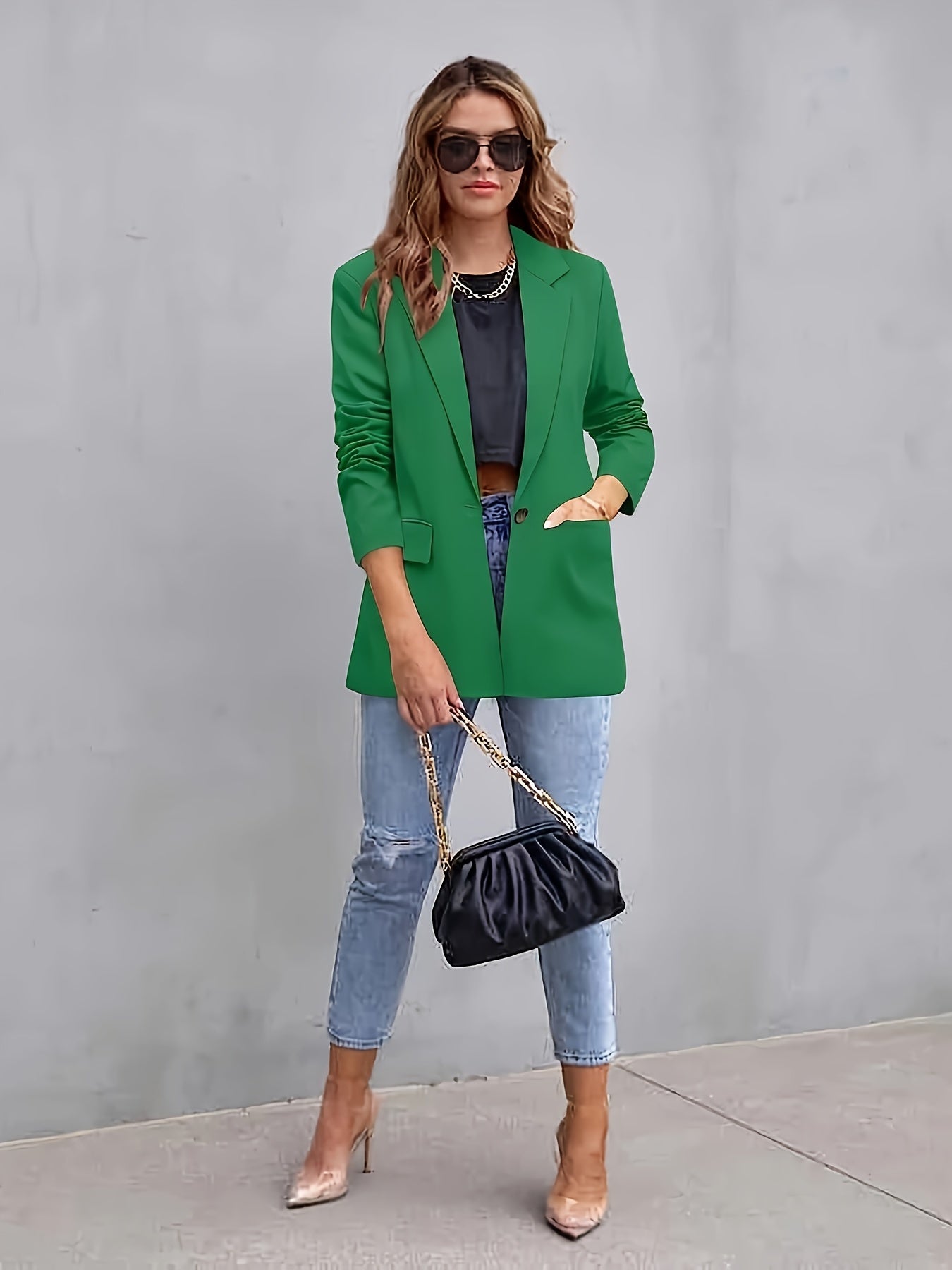 Solid Color Single Breasted Blazer, Elegant Long Sleeve Outwear .