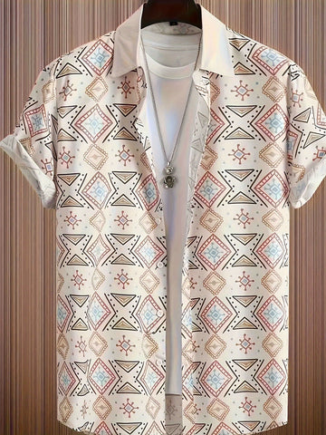 Men's Retro Bohemian Style Pattern Short Sleeve .