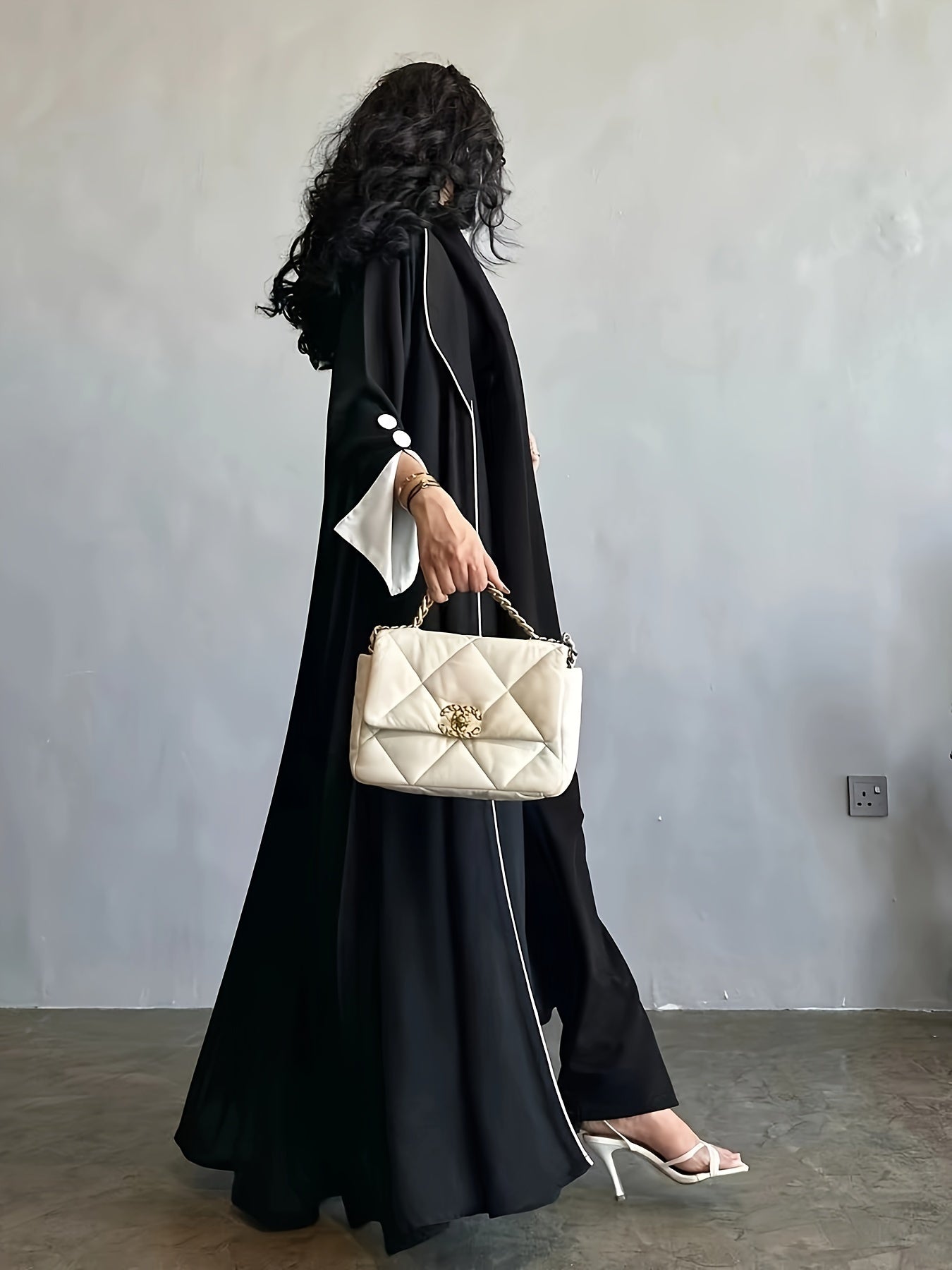 Contrast Trim Lapel Neck Abaya Dress, Elegant Open Front Long Sleeve ./ MH