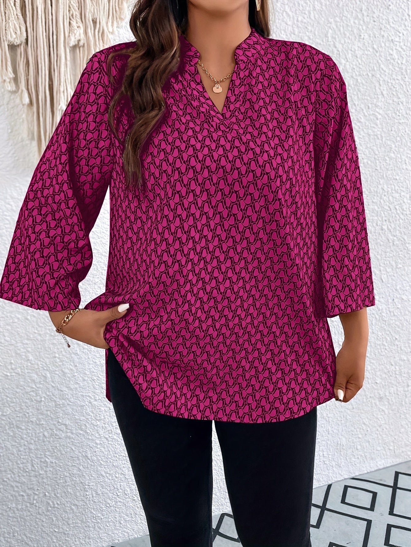 Plus Size Women's Allover Print Roll Up Sleeve Notched Neck Tunic Top Casual Blouse