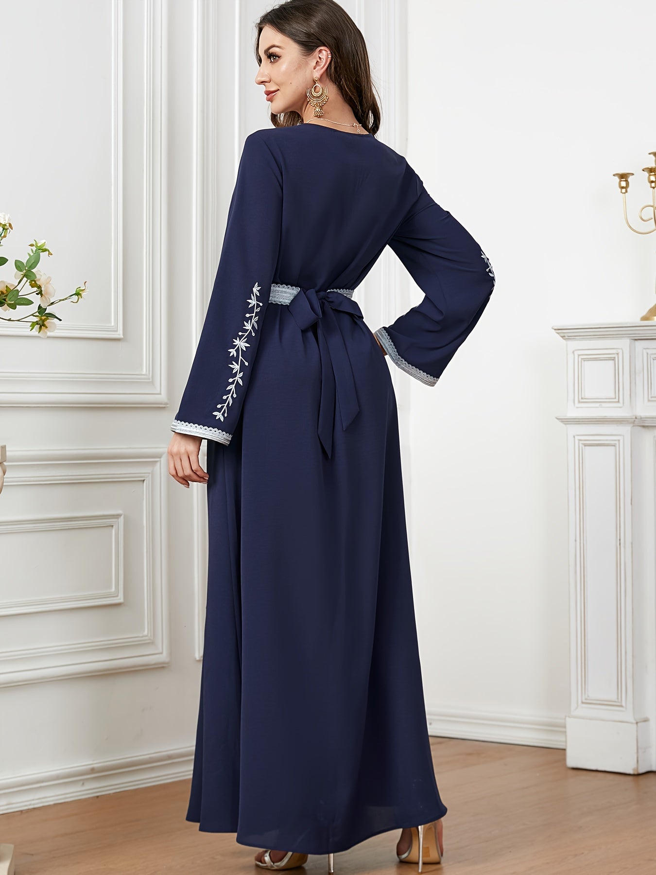 Floral Pattern Kaftan Dress, Elegant V Neck '/MH