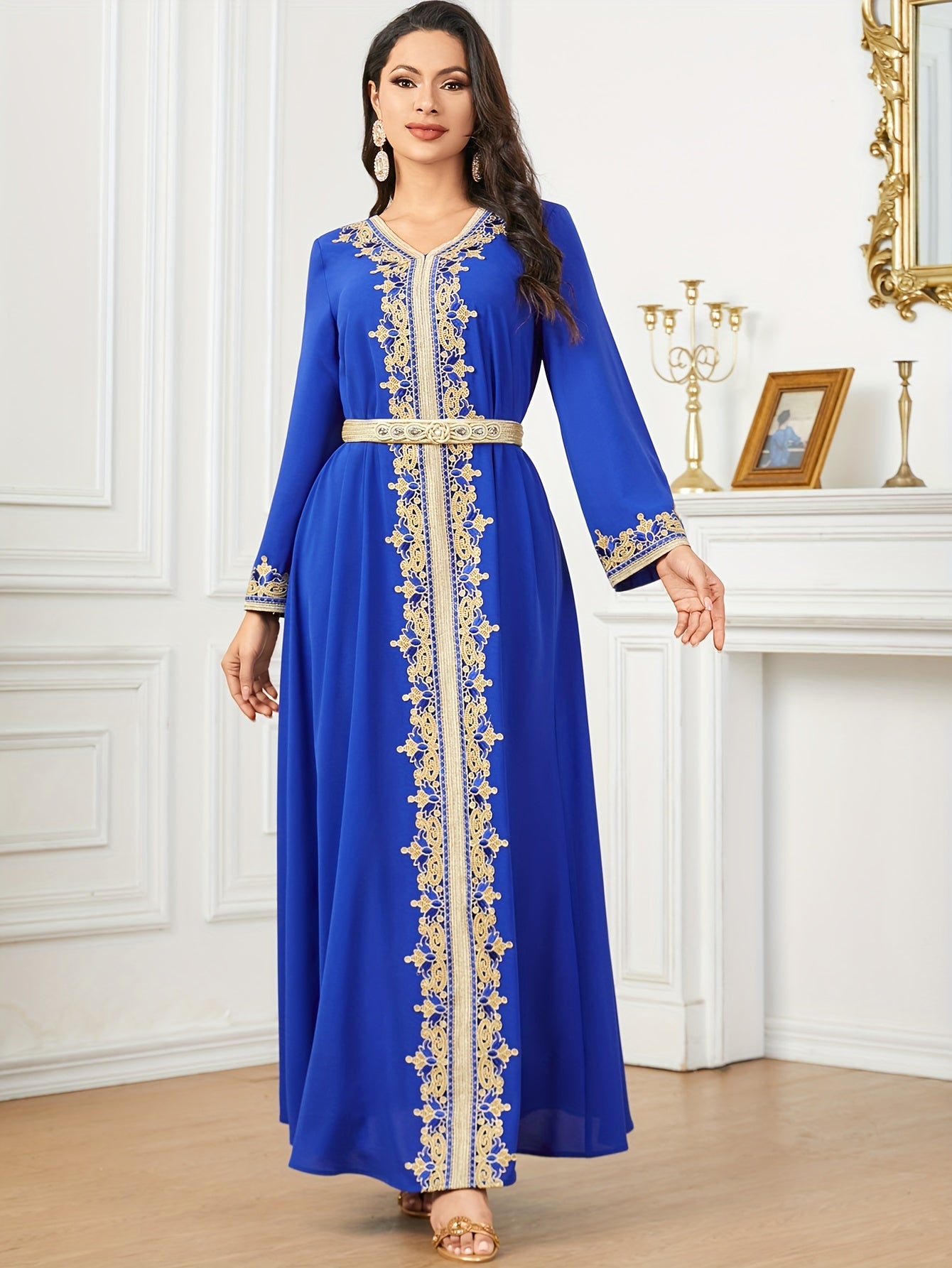 Contrast Lace V-neck Kaftan Dress, Elegant Long Sleeve'/MH