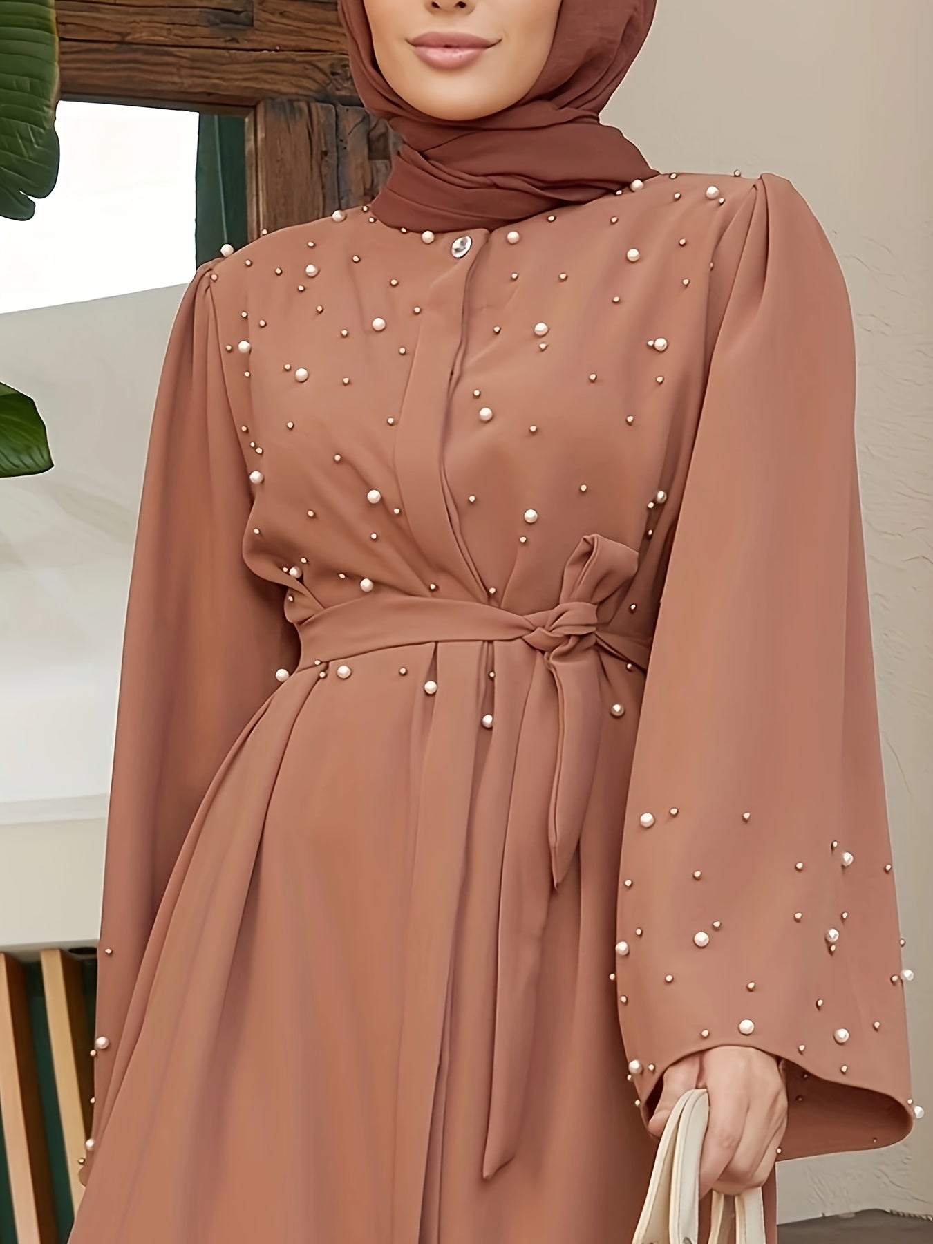 Elegant Navy Blue Abaya with Pearl Embellishments and Belt -/MH