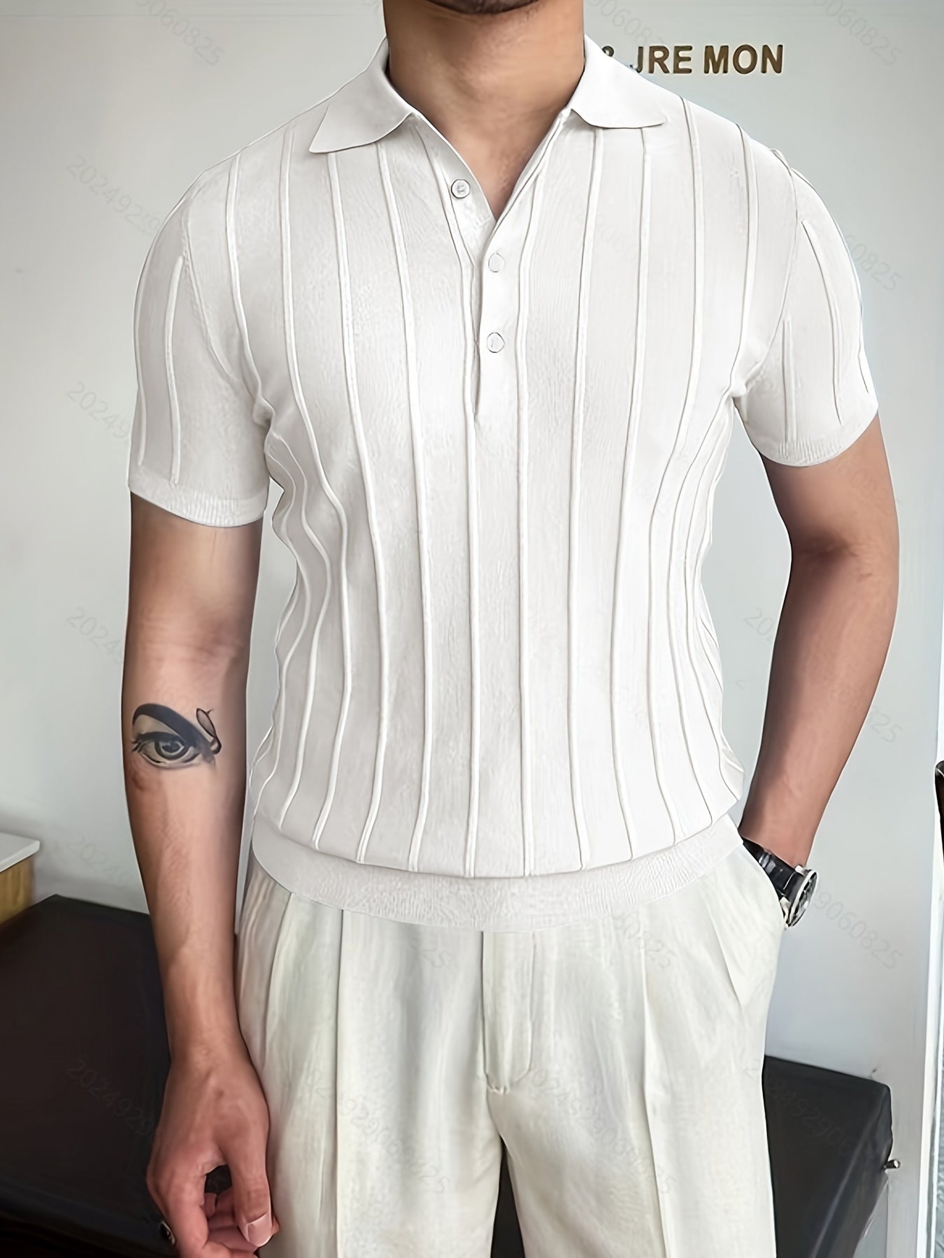 Vertical Striped Chic Shirt, Men's Casual Solid Color High Stretch .