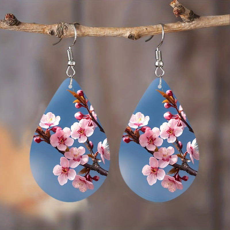 1 Pair Unique Tree of Life Wooden Earrings - Drop & Dangle Jewelry with Waterdrop Design, Flower Pattern, and Leaves Motif - Perfect Gift for Girls and Nature Lovers