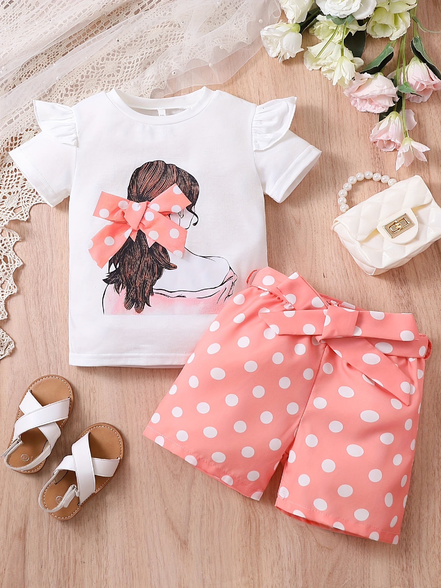 2pcs Toddler Girls Bow Figure Graphic Ruffle Trim T-Shirt