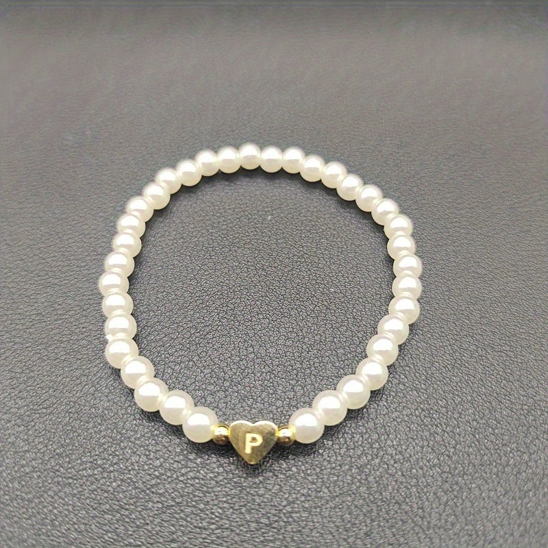 1pc Classic Initial A-Z Lettering Heart Faux Pearl Beaded Bracelet, Elegant Party Jewelry Birthday Gift For Teen Girls