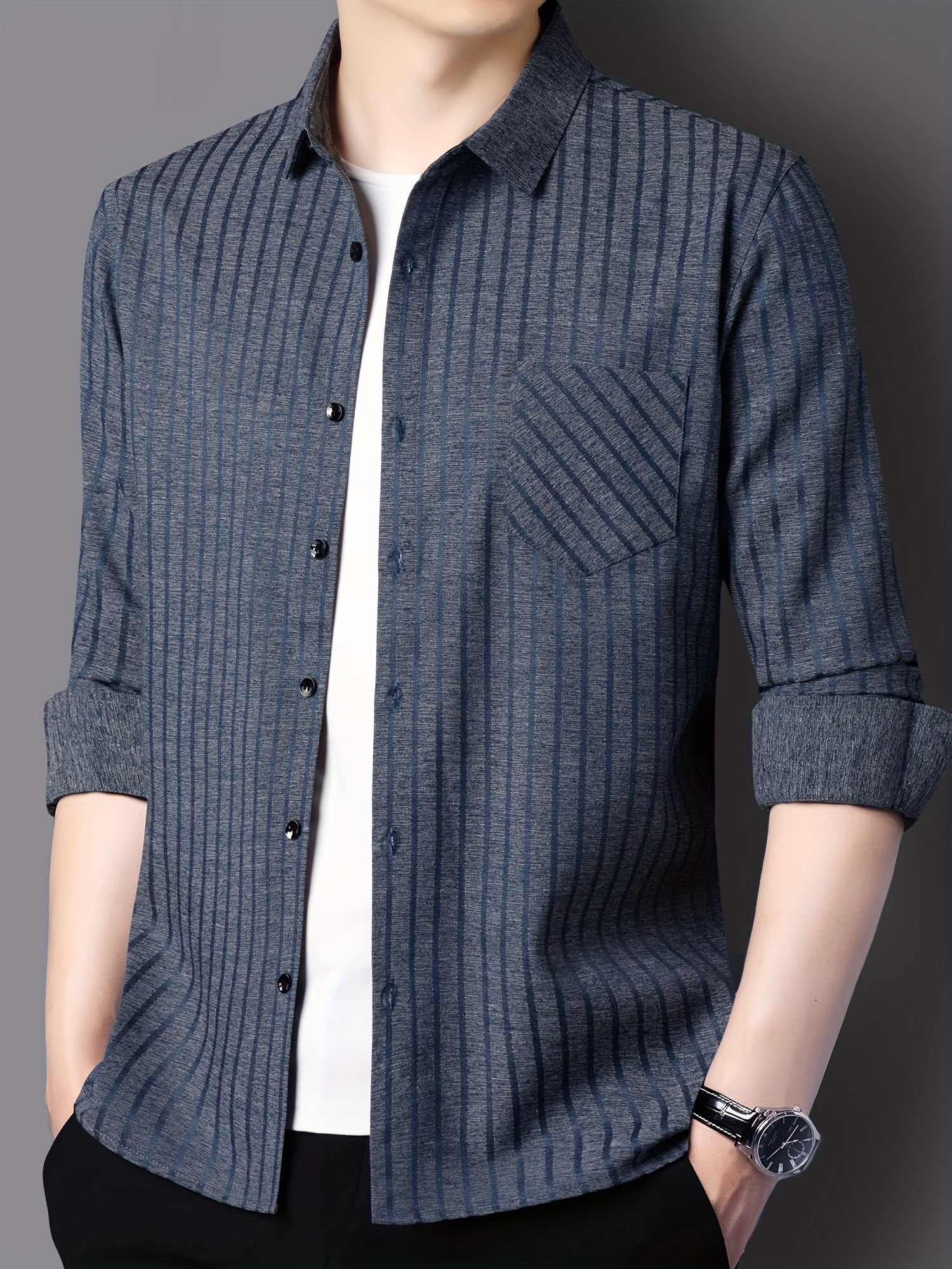 Men's Striped Lapel Collar Design Dress Shirts, Long Sleeve.