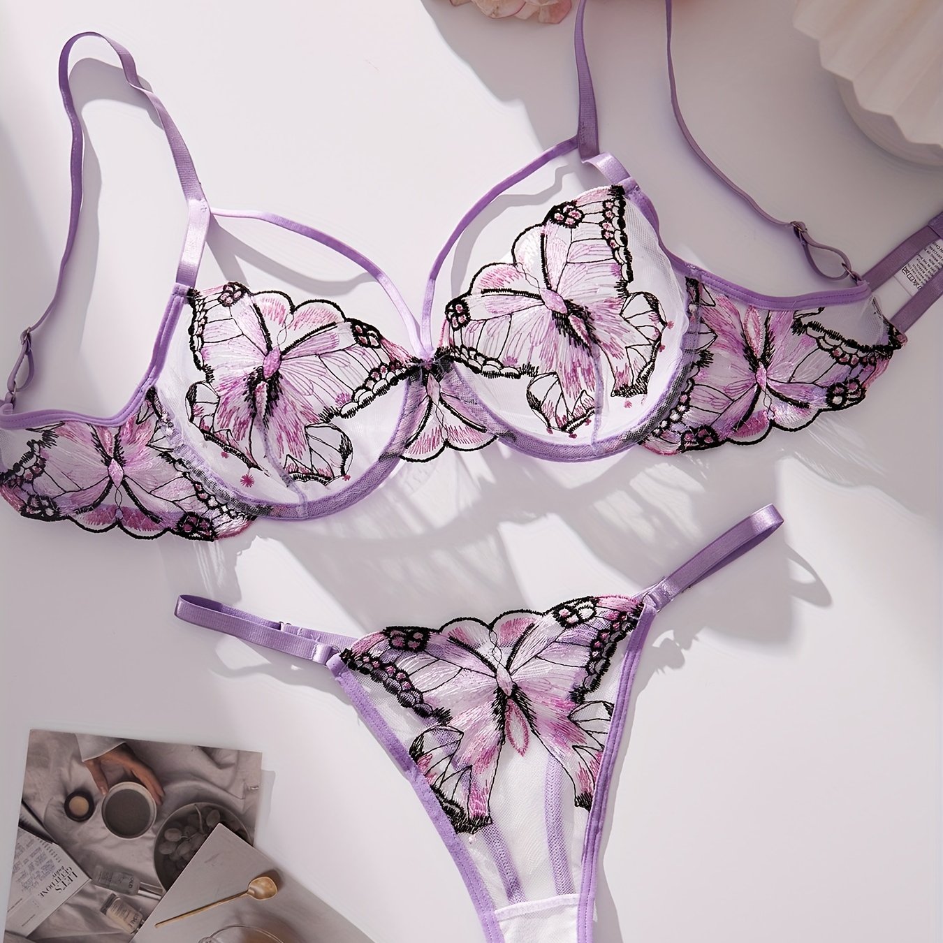 Butterfly Embroidery Mesh Lingerie Set, Strappy Plunge Bra & Thong, /MH