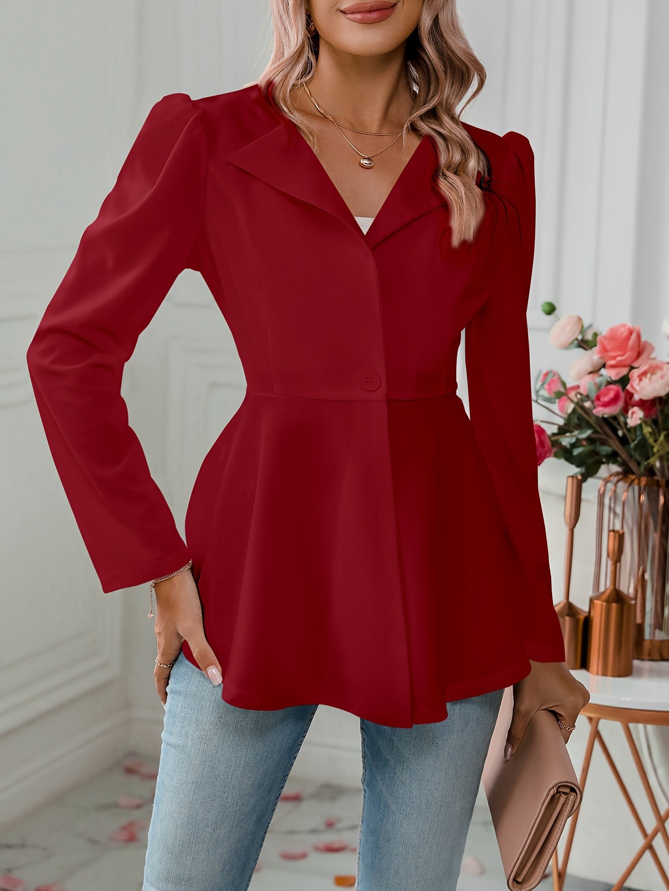 Notched Collar Flare Blazer, Elegant Long Sleeve Button Front Coat,